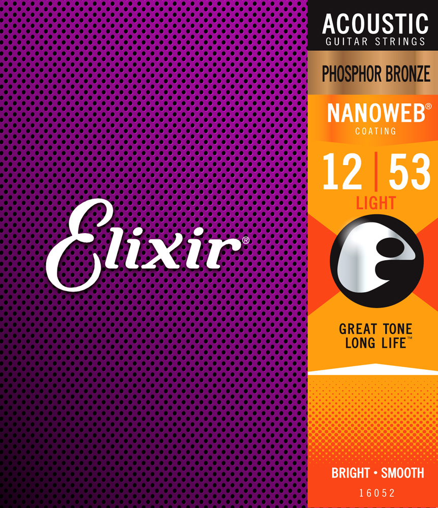 Elixir16052 NANOWEB Комплект струн для акустической гитары, Light, фосфорная бронза, 12-53